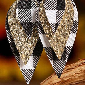 White Plaid Faux Leather Drop Earrings